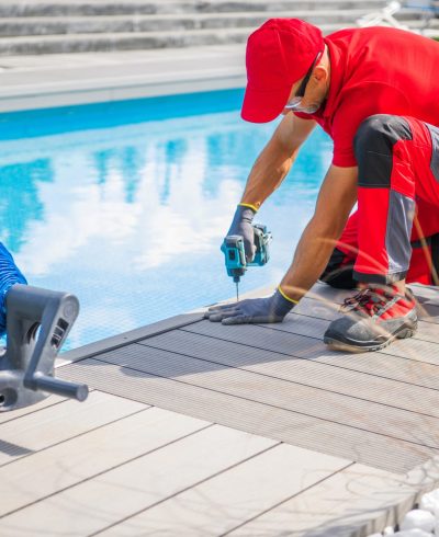 Professional,Swimming,Pools,Worker,Finishing,Composite,Outdoor,Pool,Deck,Installation.